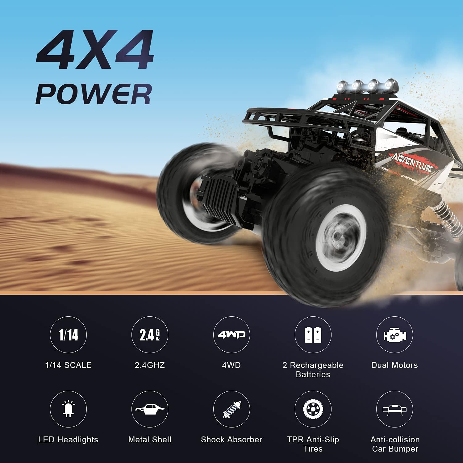 DEERC RC Cars Remote Control Car 1:14 Off Road Monster Truck,Metal Shell 4WD Dual Motors LED Headlight Rock Crawler,2.4Ghz All Terrain Hobby Truck with 2 Batteries for 90 Min Play,Boy Adult Gifts-1