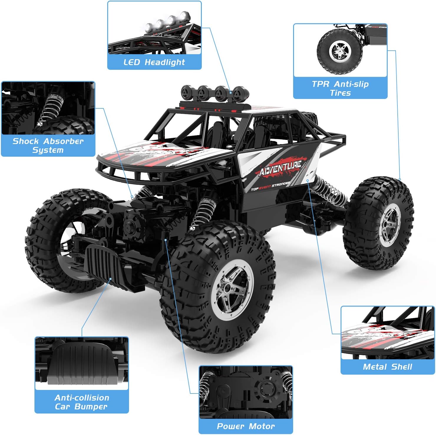 DEERC RC Cars Remote Control Car 1:14 Off Road Monster Truck,Metal Shell 4WD Dual Motors LED Headlight Rock Crawler,2.4Ghz All Terrain Hobby Truck with 2 Batteries for 90 Min Play,Boy Adult Gifts-3