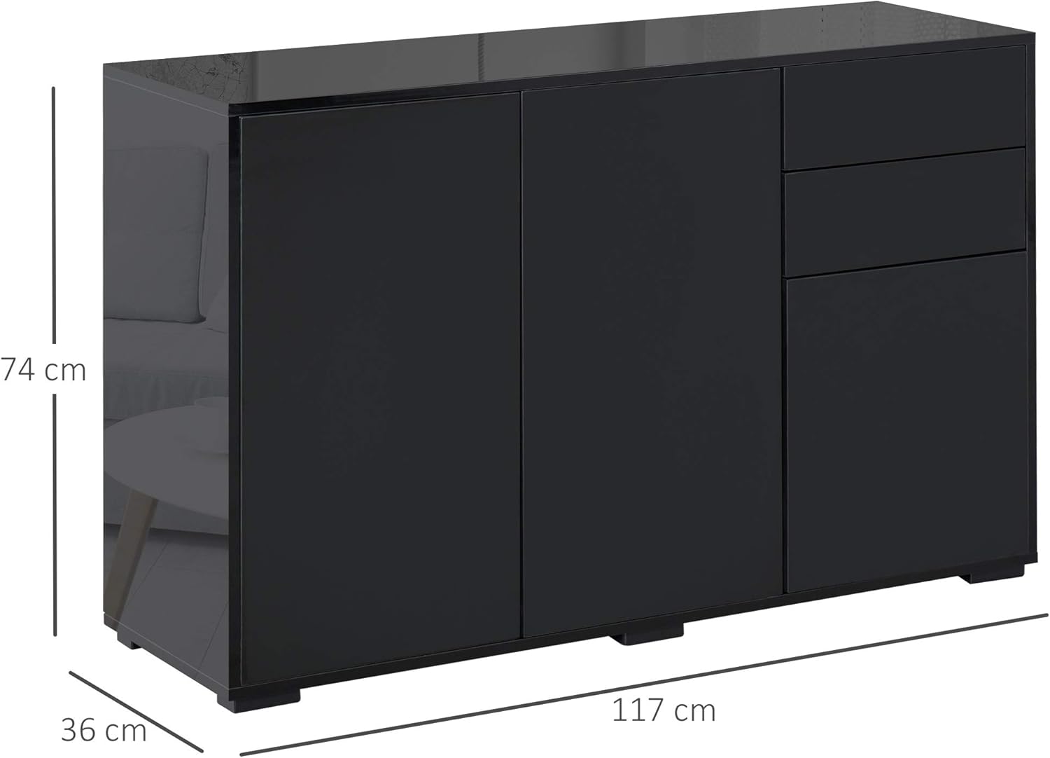 HOMCOM High Gloss Frame Sideboard, Side Cabinet, Push-Open Design with 2 Drawer for Living Room, Bedroom, Black-2