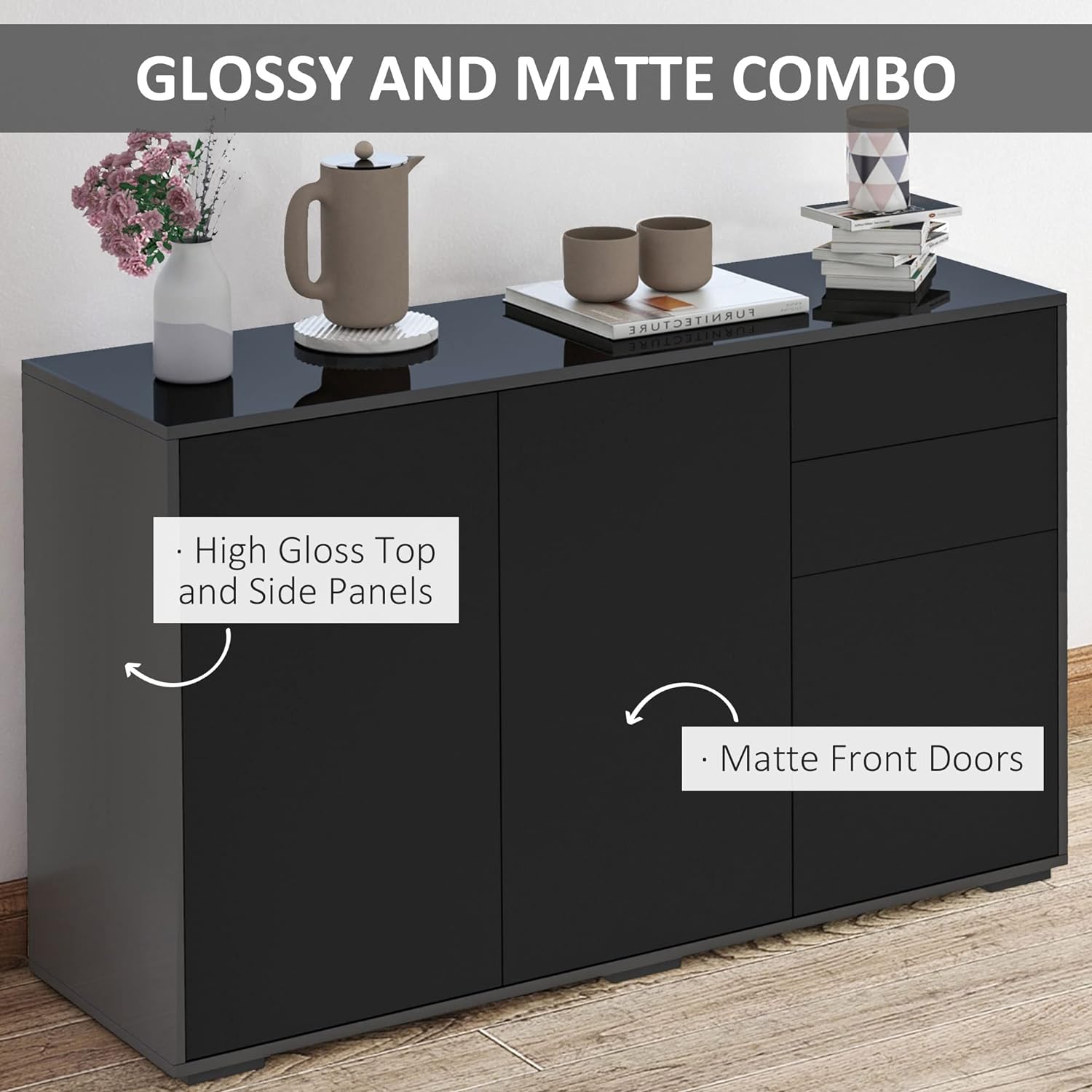 HOMCOM High Gloss Frame Sideboard, Side Cabinet, Push-Open Design with 2 Drawer for Living Room, Bedroom, Black-4