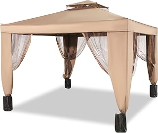 Happybuy Patio Gazebo 10x10ft Gazebo with Mosquito Netting Steel Frame Outdoor Gazebo Patio Tent Garden Winds Replacement Canopy Double Tier Roof Canopy Gazebos For Patios Garden Home Lawn Brown