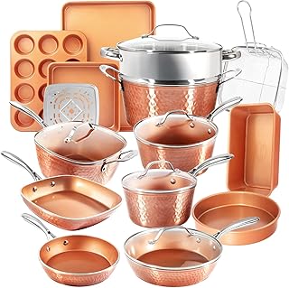 Gotham Steel Hammered Copper Collection – 20 Piece Premium Cookware and Bakeware Set with Nonstick Copper Coating, Includes Skillets, Stock Pots