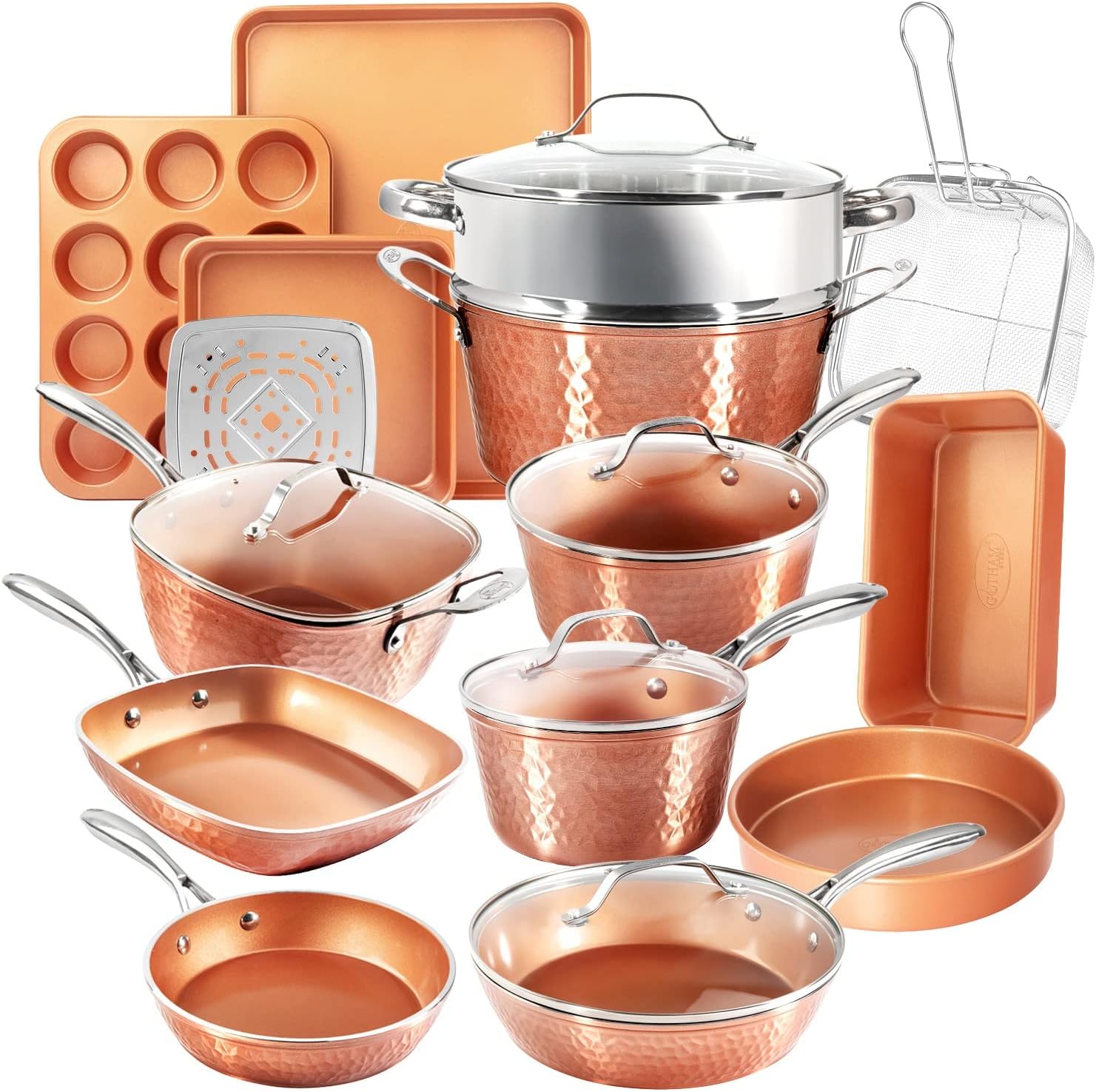 Gotham Steel Hammered Copper Collection – 20 Piece Premium Cookware and Bakeware Set with Nonstick Copper Coating, Includes Skillets, Stock Pots-0