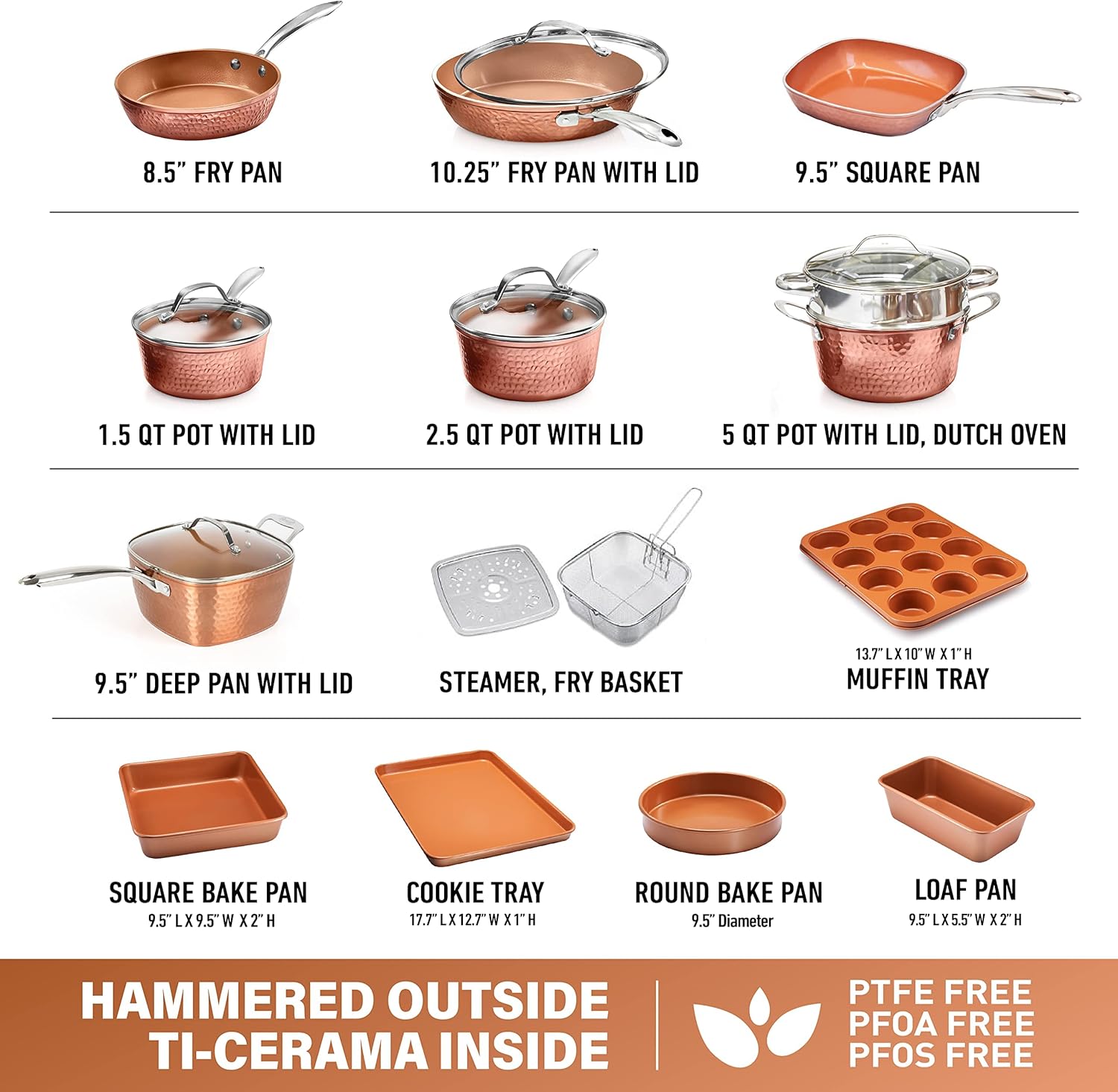 Gotham Steel Hammered Copper Collection – 20 Piece Premium Cookware and Bakeware Set with Nonstick Copper Coating, Includes Skillets, Stock Pots-1