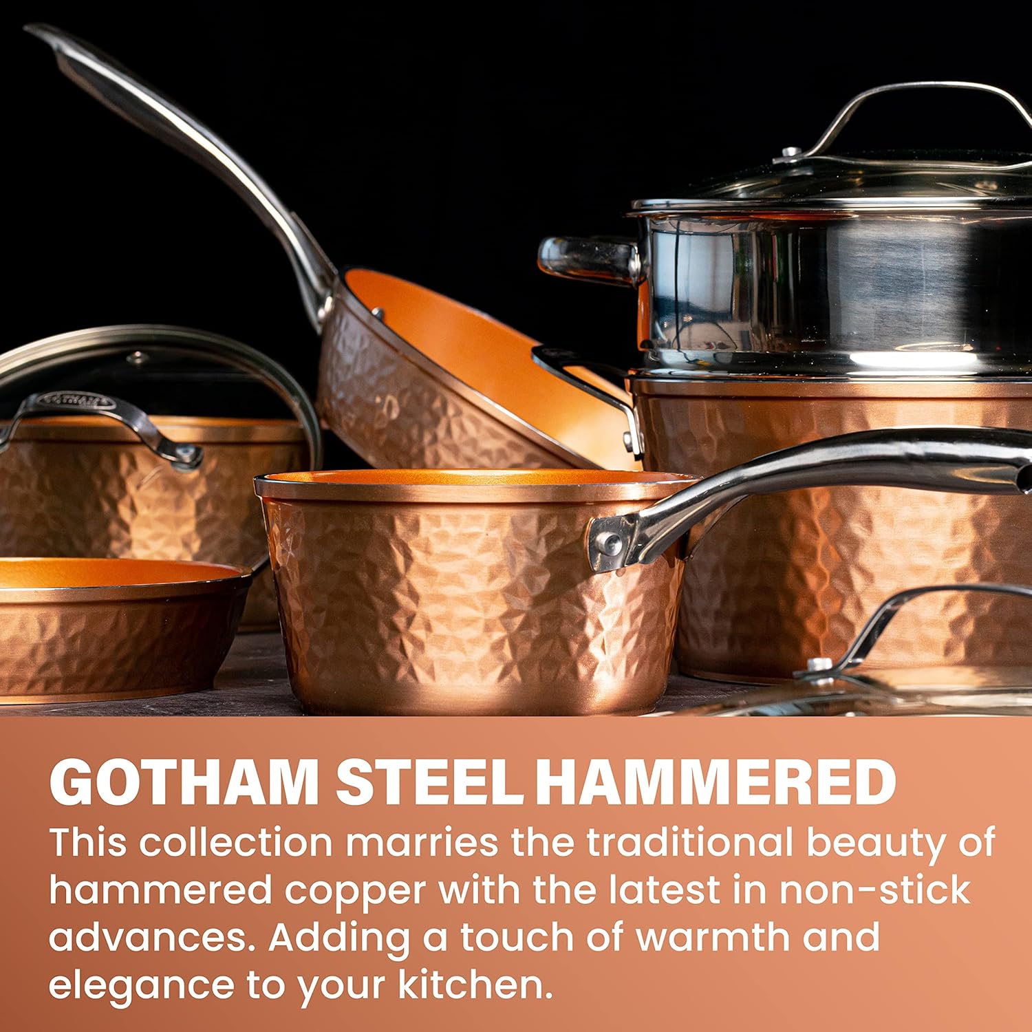 Gotham Steel Hammered Copper Collection – 20 Piece Premium Cookware and Bakeware Set with Nonstick Copper Coating, Includes Skillets, Stock Pots-2