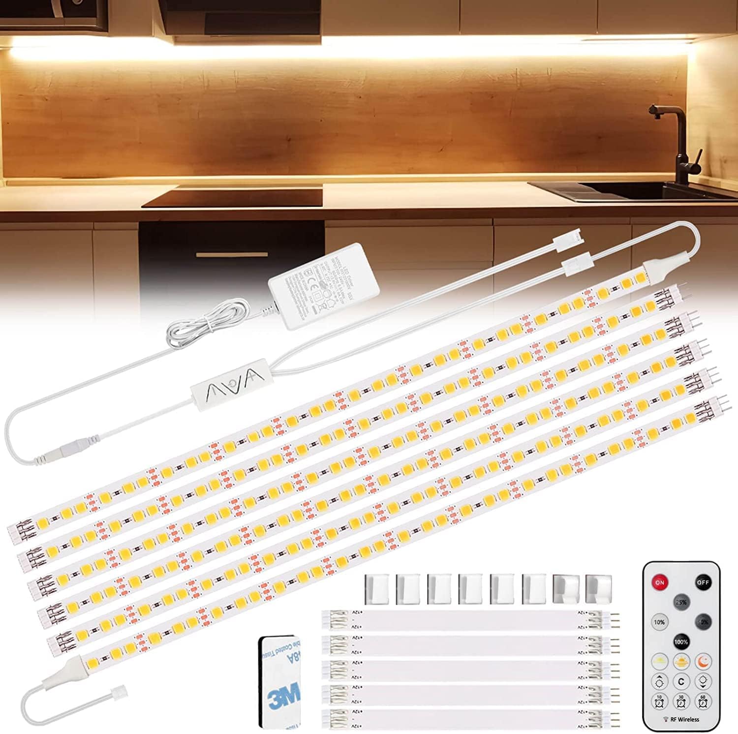 Enteenly Under Cabinet Strip Lights Kit 9.8ft/3m, 12V UK Plug Warm White Dimmable LED Strip with Remote, Flexible Lighting Strips for Kitchen, Shelf, Cupboard, TV, Desk, Plug in Warm White 2700K-0