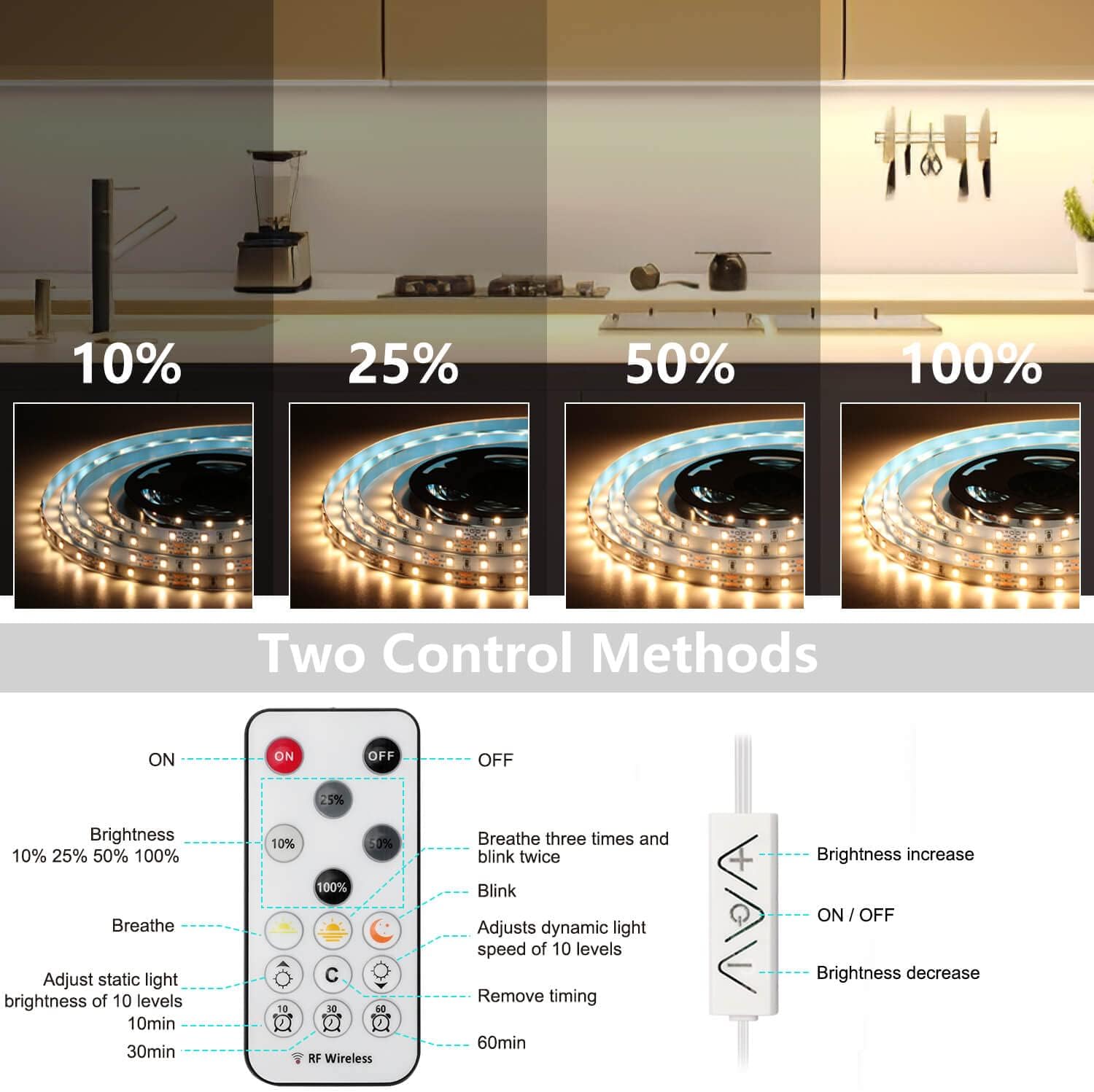 Enteenly Under Cabinet Strip Lights Kit 9.8ft/3m, 12V UK Plug Warm White Dimmable LED Strip with Remote, Flexible Lighting Strips for Kitchen, Shelf, Cupboard, TV, Desk, Plug in Warm White 2700K-3