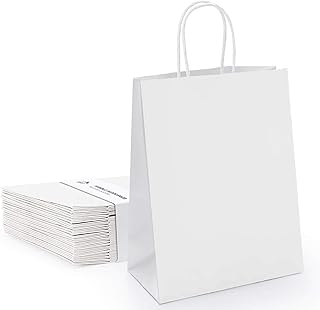 Anstore Paper Party Bags, 40 Pcs Gift Bags, White Paper Bags for Grocery Baking Shopping Retail Party Wedding Christmas, 16x8x21cm