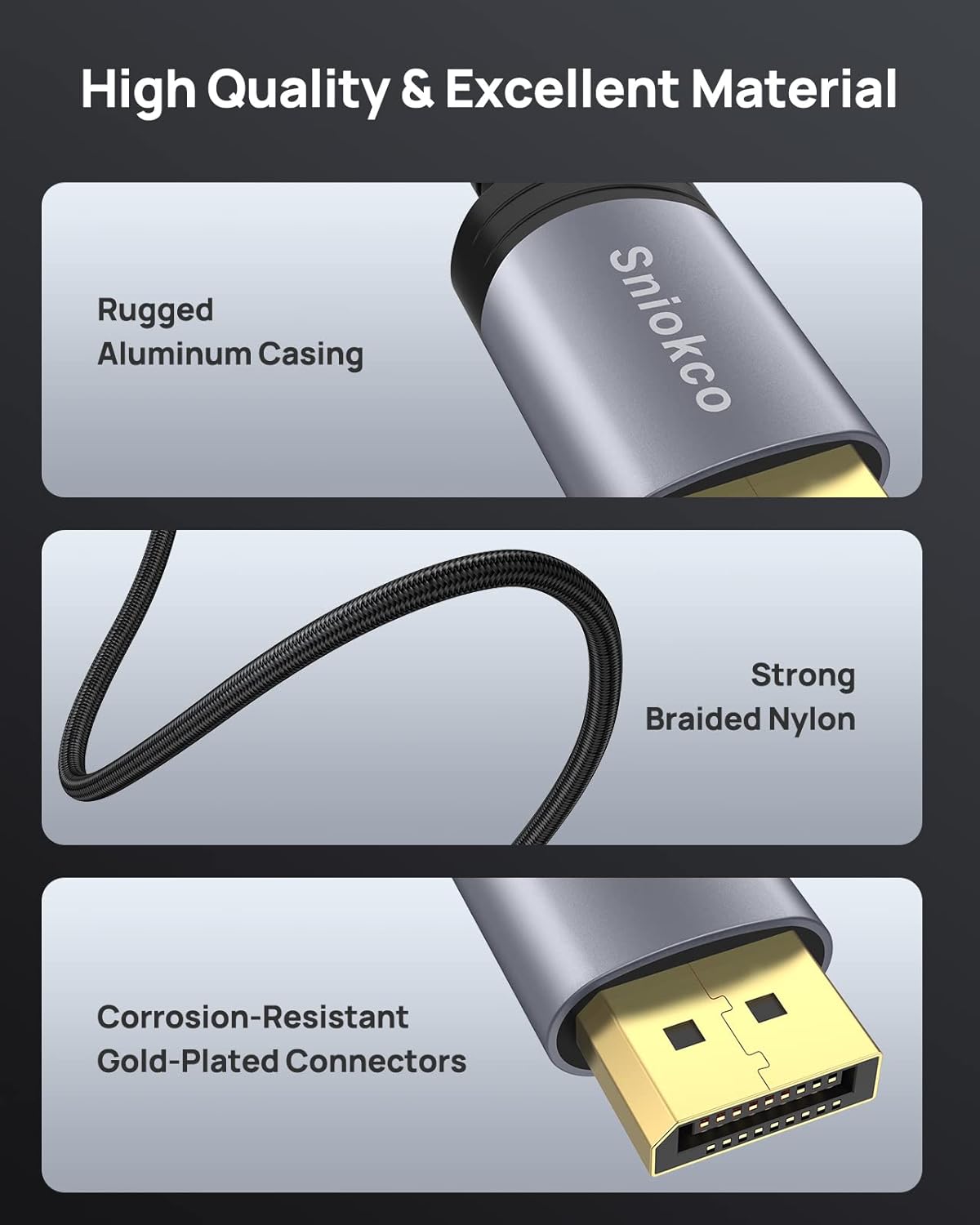 Sniokco VESA Certified 8K DisplayPort Cable 1.4, 8K DP Cable 2M (8K@60Hz, 4K@144Hz, 2K@165Hz), HBR3 32.4Gbps, HDCP 2.2, HDR, DSC 1.2, FreeSync& G-Sync, High Speed Display Port Lead-4