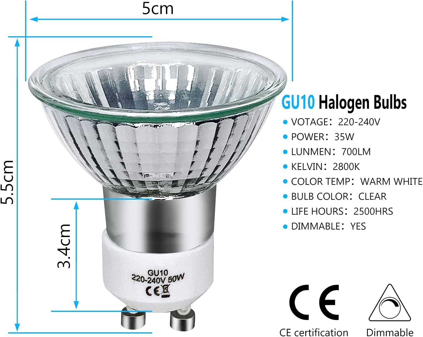 Sarveeta GU10 Halogen Bulbs 35W Dimmable, 220V GU10 Halogen Spotlight Bulbs 2 Pin,400 LM,2800K Warm Withe （Pack of 8）-1