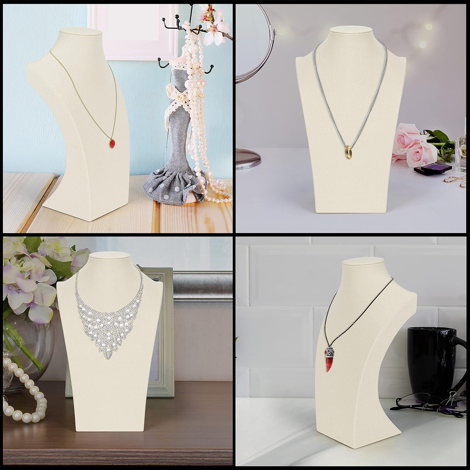 BELLE VOUS Linen Necklace Display Bust - 11.3 x 10.2 x 30cm (4.45 x 4.02 x 11.81 inches) - Jewellery Holder Mannequin Stand Organiser for Hanging Chokers, Pendants, Chains & Necklaces-5