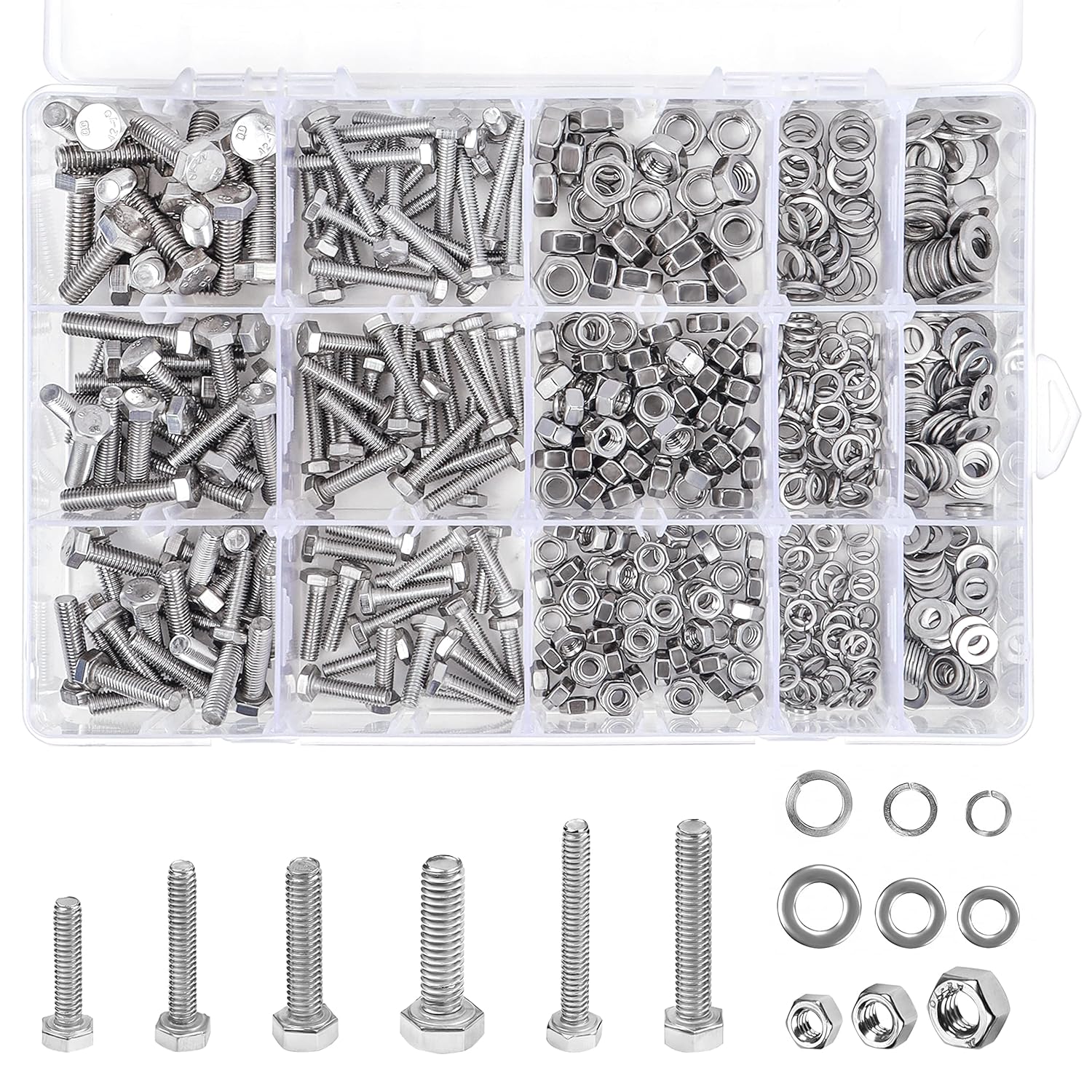 Belle Vous 510 Pieces Screws, Nuts and Washers Assortment - Metric M4 M5 M6 304 Stainless Steel Hex Flat Head Bolts Kit - Flat Hex Head Screw and Flat/Spring Washers Hardware Set with Storage Box-0