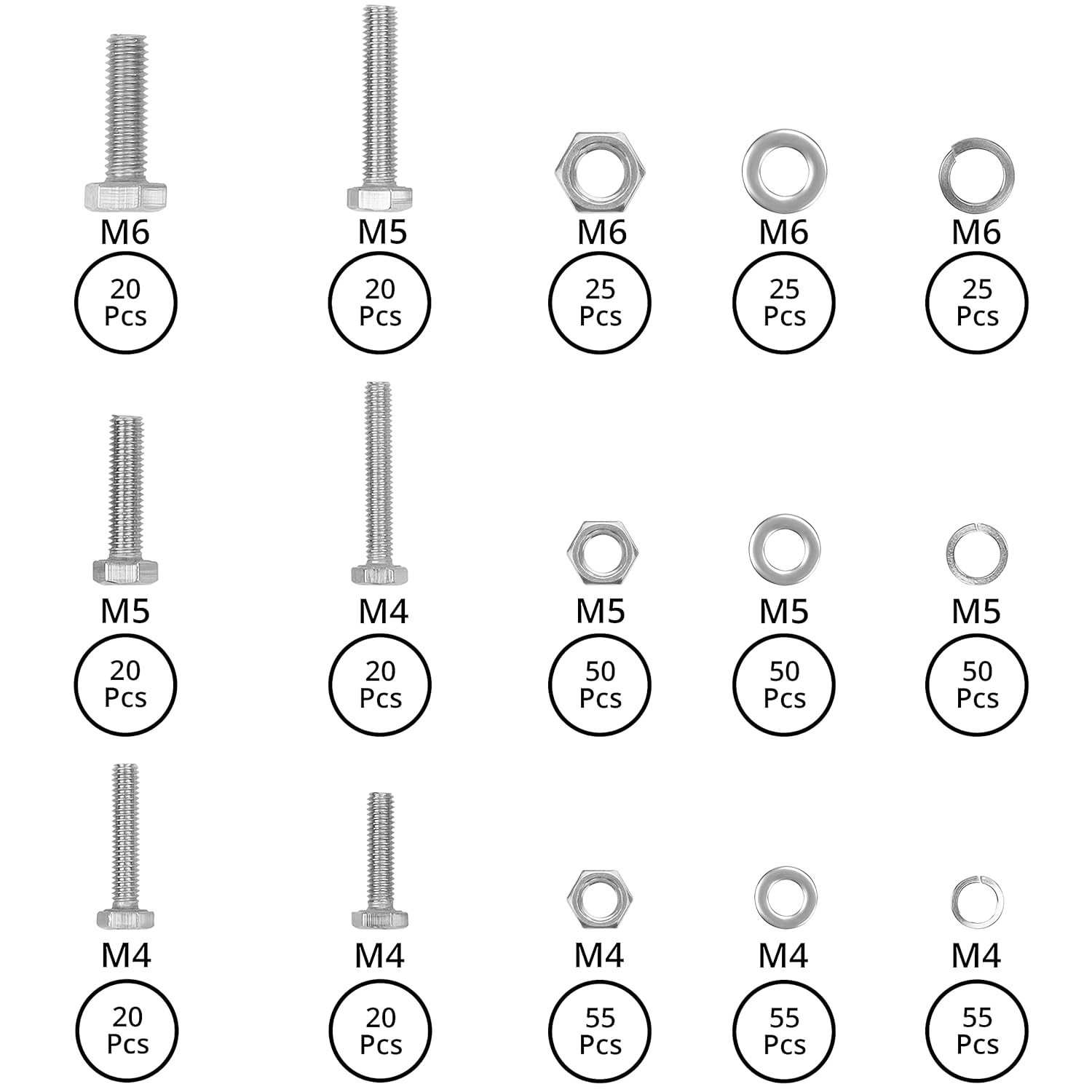 Belle Vous 510 Pieces Screws, Nuts and Washers Assortment - Metric M4 M5 M6 304 Stainless Steel Hex Flat Head Bolts Kit - Flat Hex Head Screw and Flat/Spring Washers Hardware Set with Storage Box-2