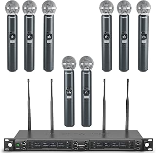 Phenyx Pro Wireless Microphone System, Eight-Channel Wireless Mic, w/ 8 Handheld Dynamic Microphones, Auto Scan,8x40 Adjustable UHF Channels, 328ft, Microphone for Singing, Church(PTU-6000A)