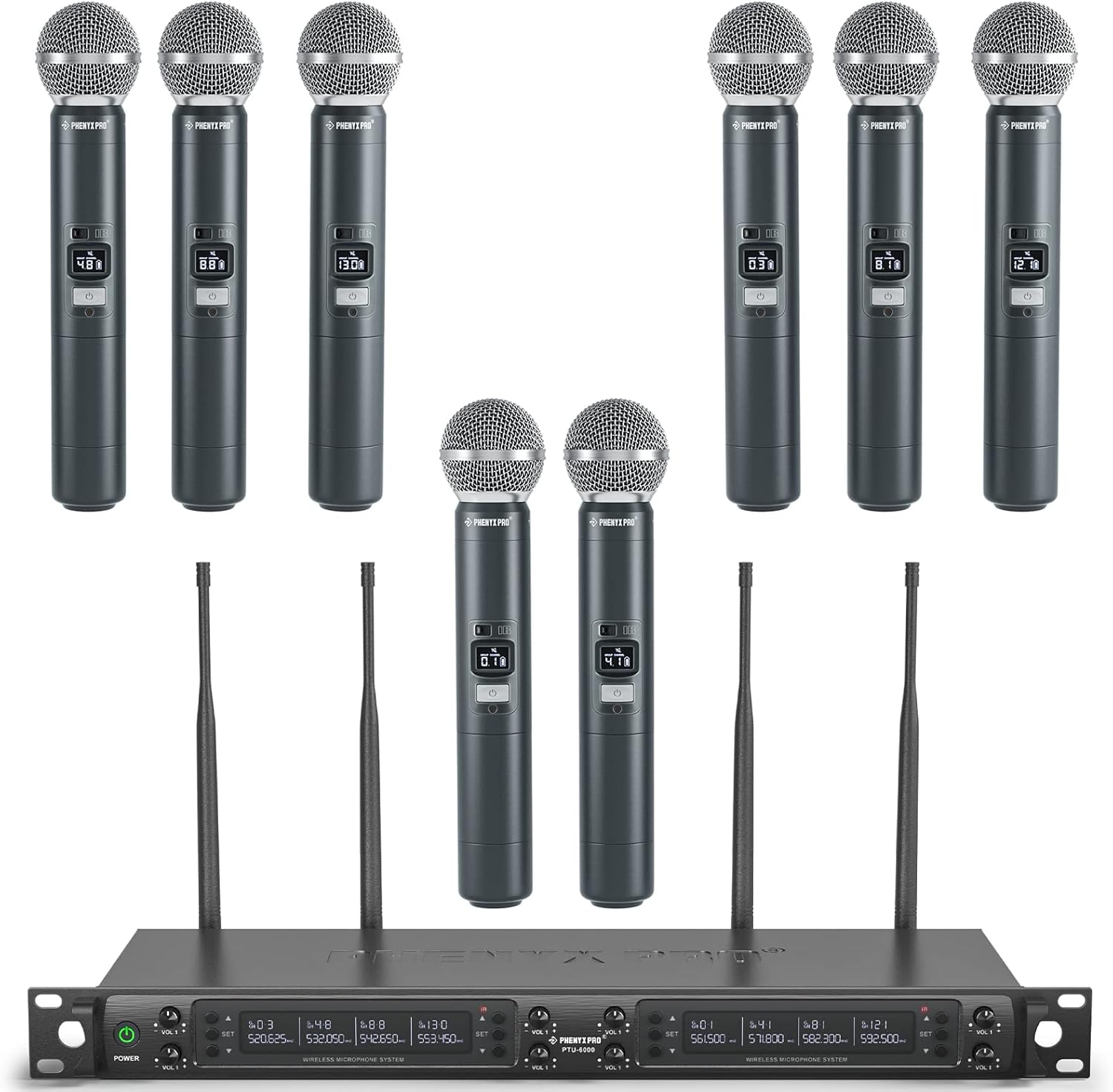 Phenyx Pro Wireless Microphone System, Eight-Channel Wireless Mic, w/ 8 Handheld Dynamic Microphones, Auto Scan,8x40 Adjustable UHF Channels, 328ft, Microphone for Singing, Church(PTU-6000A)-0