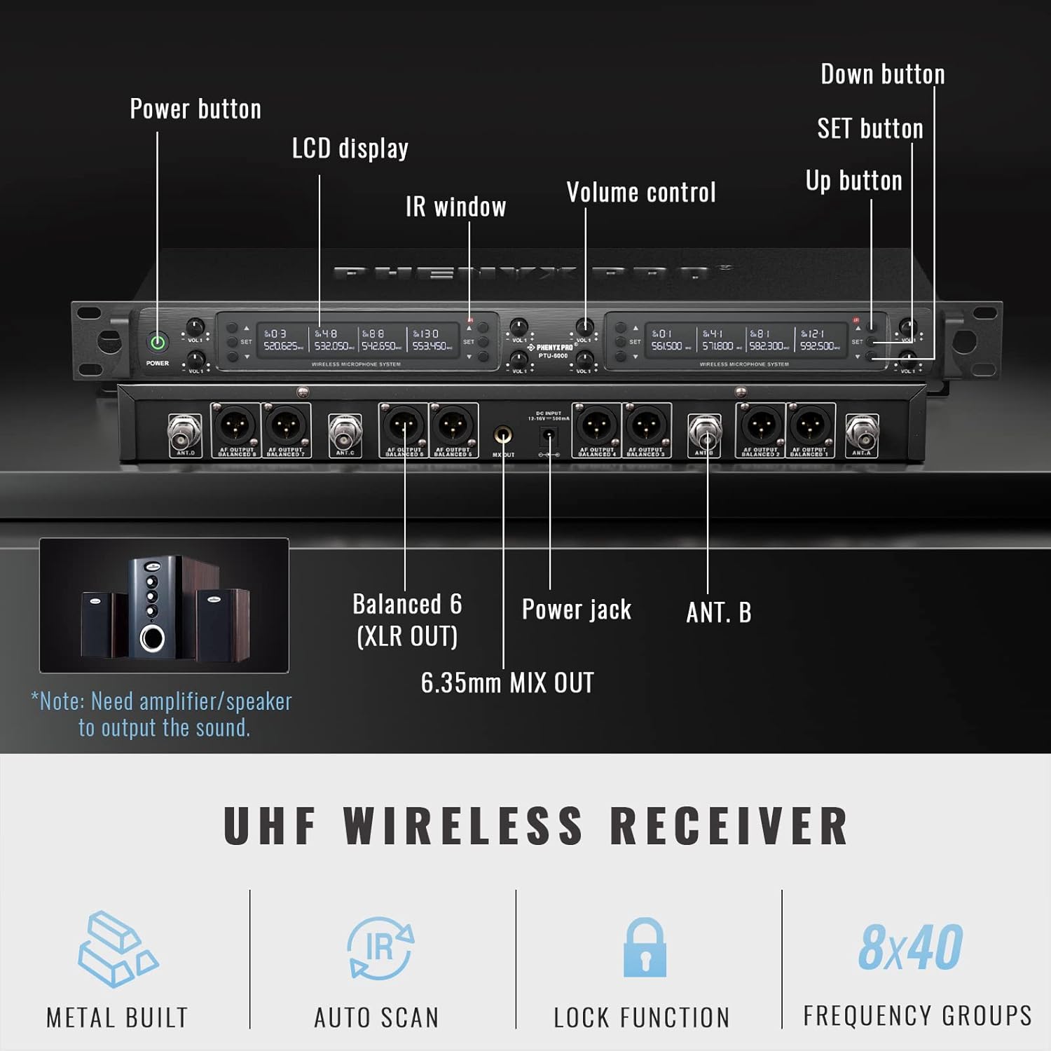 Phenyx Pro Wireless Microphone System, Eight-Channel Wireless Mic, w/ 8 Handheld Dynamic Microphones, Auto Scan,8x40 Adjustable UHF Channels, 328ft, Microphone for Singing, Church(PTU-6000A)-1