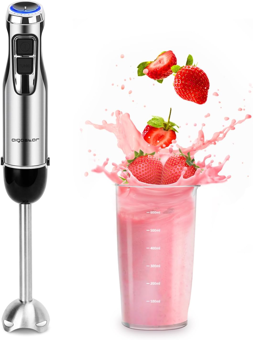 Aigostar 1000W Hand Blender with 600ml Beaker, Food Blender with 6-Speed and Turbo, Immersion Stick Blender for Soup, Baby Food, Mixmaster 30XQB-0