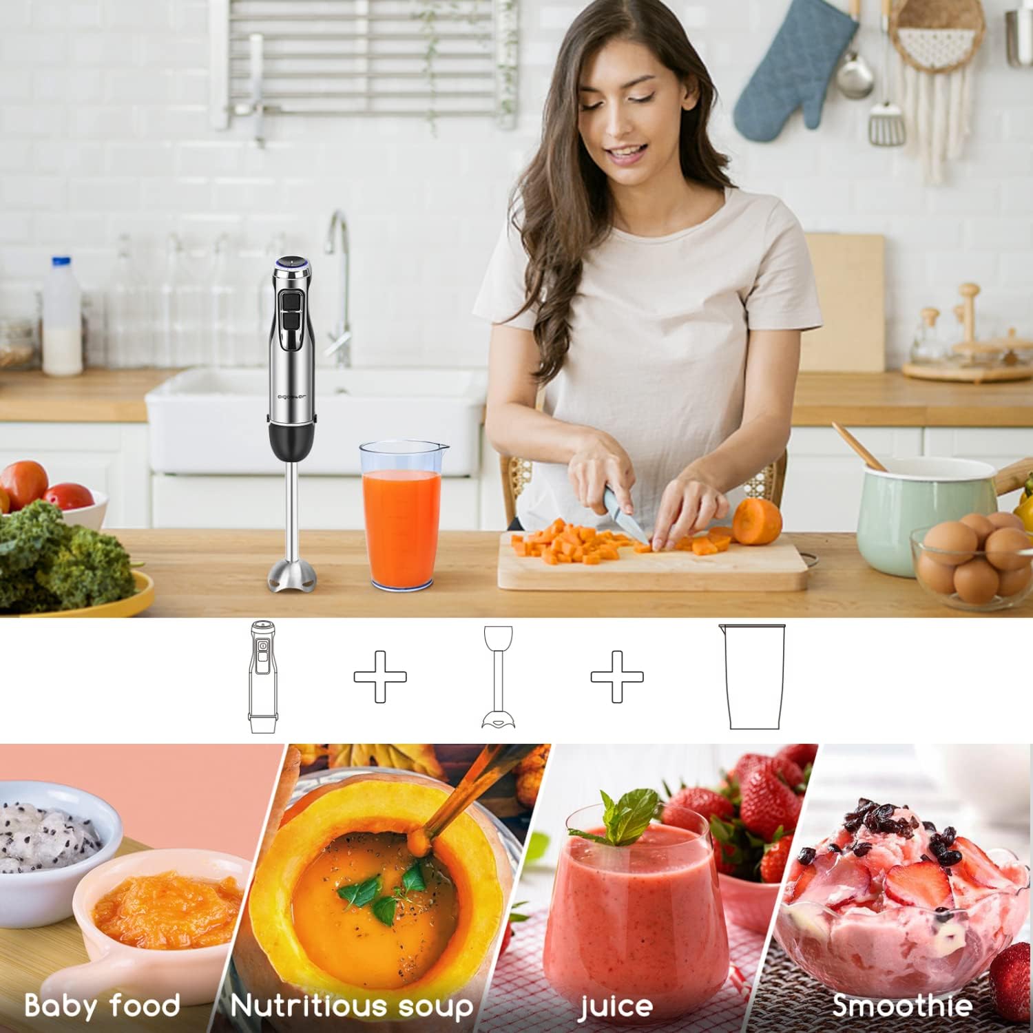 Aigostar 1000W Hand Blender with 600ml Beaker, Food Blender with 6-Speed and Turbo, Immersion Stick Blender for Soup, Baby Food, Mixmaster 30XQB-5