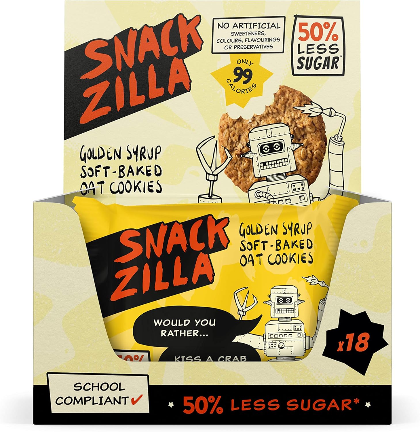 Healthy Kids Snacks Oat Biscuits - Snackzilla 50% Less Sugar Oat Cookies (15x30g : Golden Syrup) Soft Baked Lunch Box Snacks & School Snack Box, Healthy Snacks Vegan Biscuits Healthier Cookie Dough-1