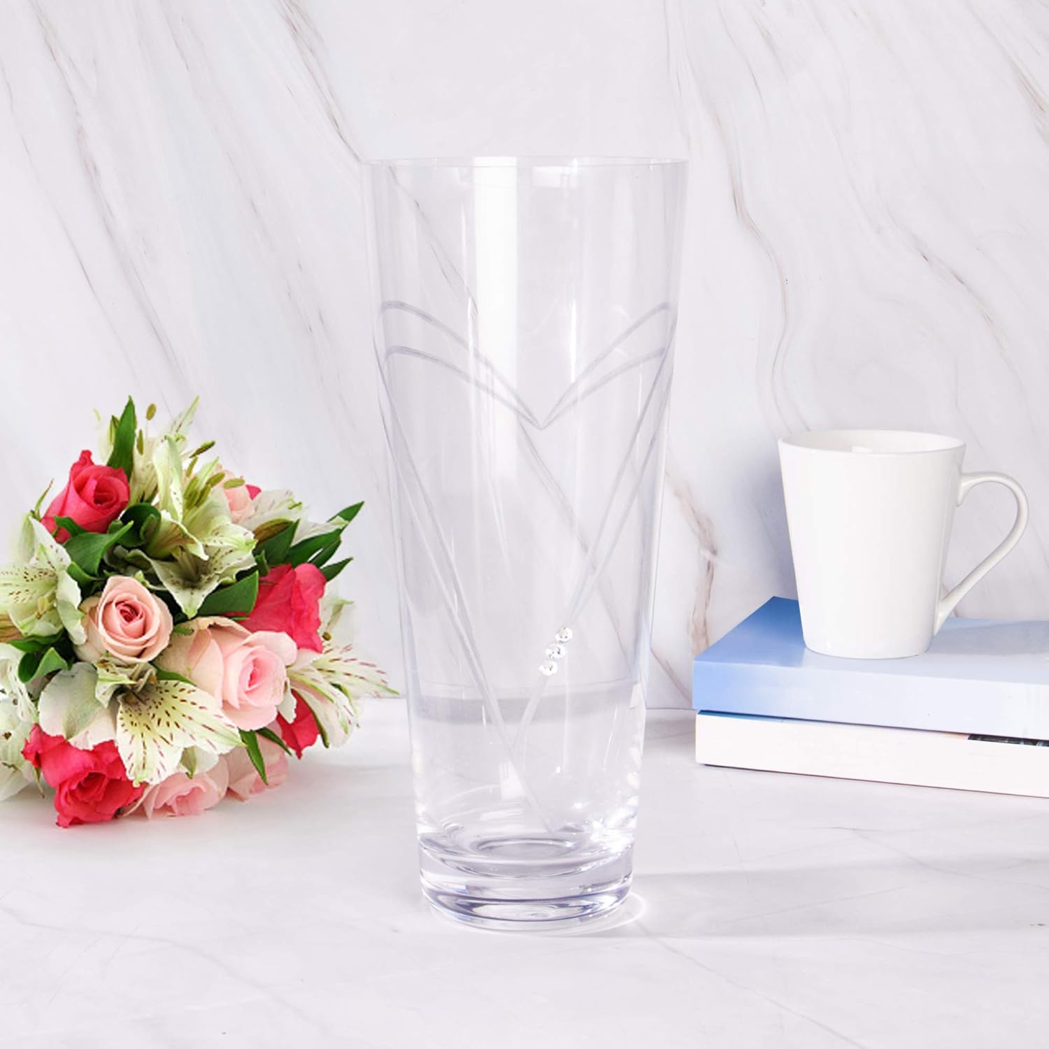 Crystal Glass Vase with Engraved Heart Detail | Large Vases for Flowers | Mother's Day Vases | Home Decoration | Table Centerpiece | M&W-3