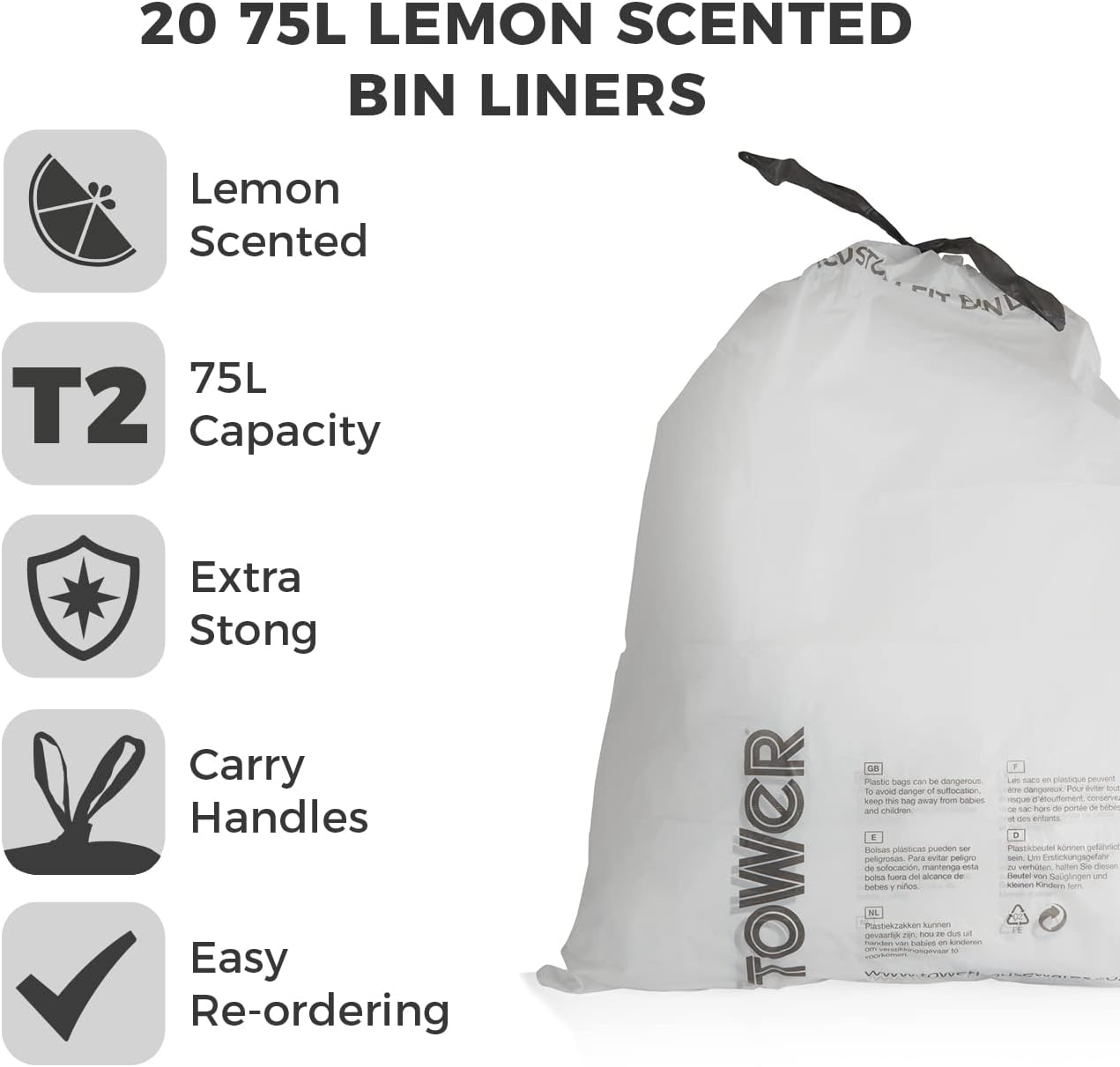 Tower T878001 75L Lemon Scented Heavy Duty Bin Liners, 20 Pack, White-1