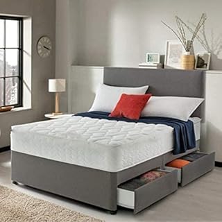 GHOST BEDS Lavish Grey Suede Divan Bed Set with Quilted 10 Inch Memory Collection Mattress and 20 Inch Headboard (King Size 5FT, 2 Drawers)