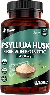 Fibre Supplement 4000mg Psyllium Husk With Probiotic Acidophilus - High Strength - Natural Soluble Fiber Supplement From Plantago Ovata Seeds, 120 Psyllium Husks capsules Vegan, Made in UK by New Leaf