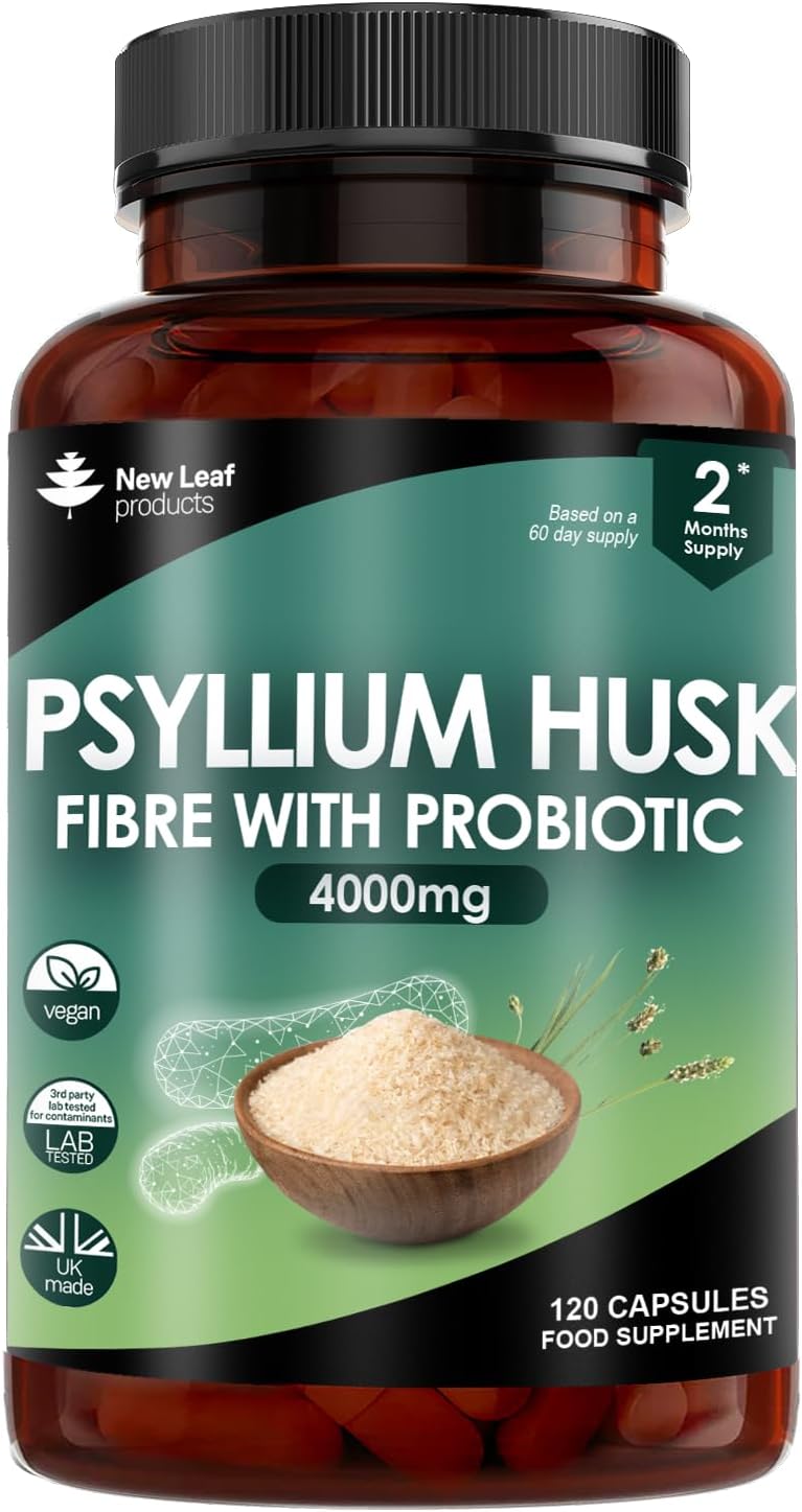 Fibre Supplement 4000mg Psyllium Husk With Probiotic Acidophilus - High Strength - Natural Soluble Fiber Supplement From Plantago Ovata Seeds, 120 Psyllium Husks capsules Vegan, Made in UK by New Leaf-0