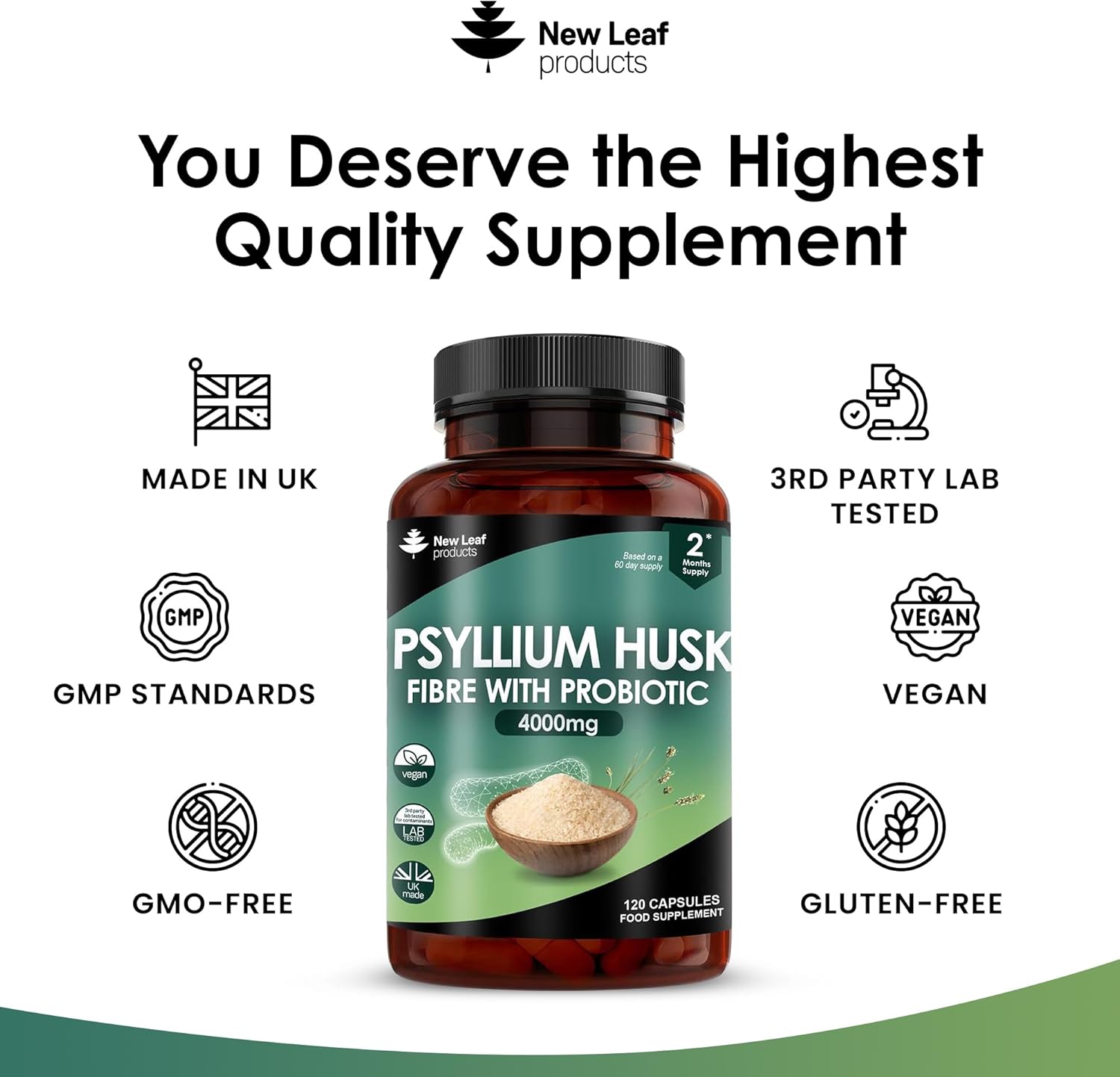 Fibre Supplement 4000mg Psyllium Husk With Probiotic Acidophilus - High Strength - Natural Soluble Fiber Supplement From Plantago Ovata Seeds, 120 Psyllium Husks capsules Vegan, Made in UK by New Leaf-3