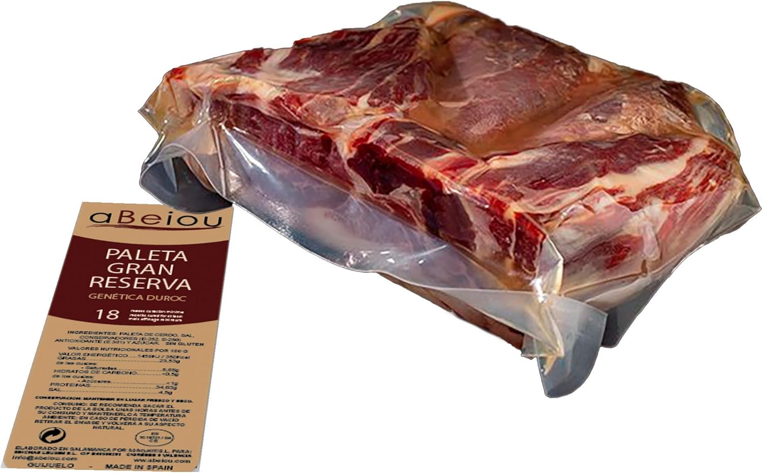 aBeiou. 1'15KG BONELESS Great Reserve DUROC PREMIUM HAM SHOULDER. Spanish serrano. Matured for more than 18-20 months (vacuum-packed ham) Product of the Iberian Peninsula. Guijuelo (Spain).-0