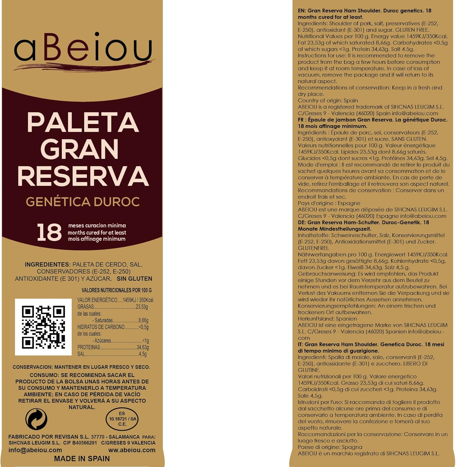 aBeiou. 1'15KG BONELESS Great Reserve DUROC PREMIUM HAM SHOULDER. Spanish serrano. Matured for more than 18-20 months (vacuum-packed ham) Product of the Iberian Peninsula. Guijuelo (Spain).-1