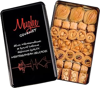 Mughe Gourmet Assorted Baklava Pastry Gift Elegant Tin Box - 500g/1.1lb - Turkish Pistachio, Almond, Walnut, Cashew, Hazelnut Bite Size Gifts Baklawa Sweet - Perfect for Birthday, Fathers Day