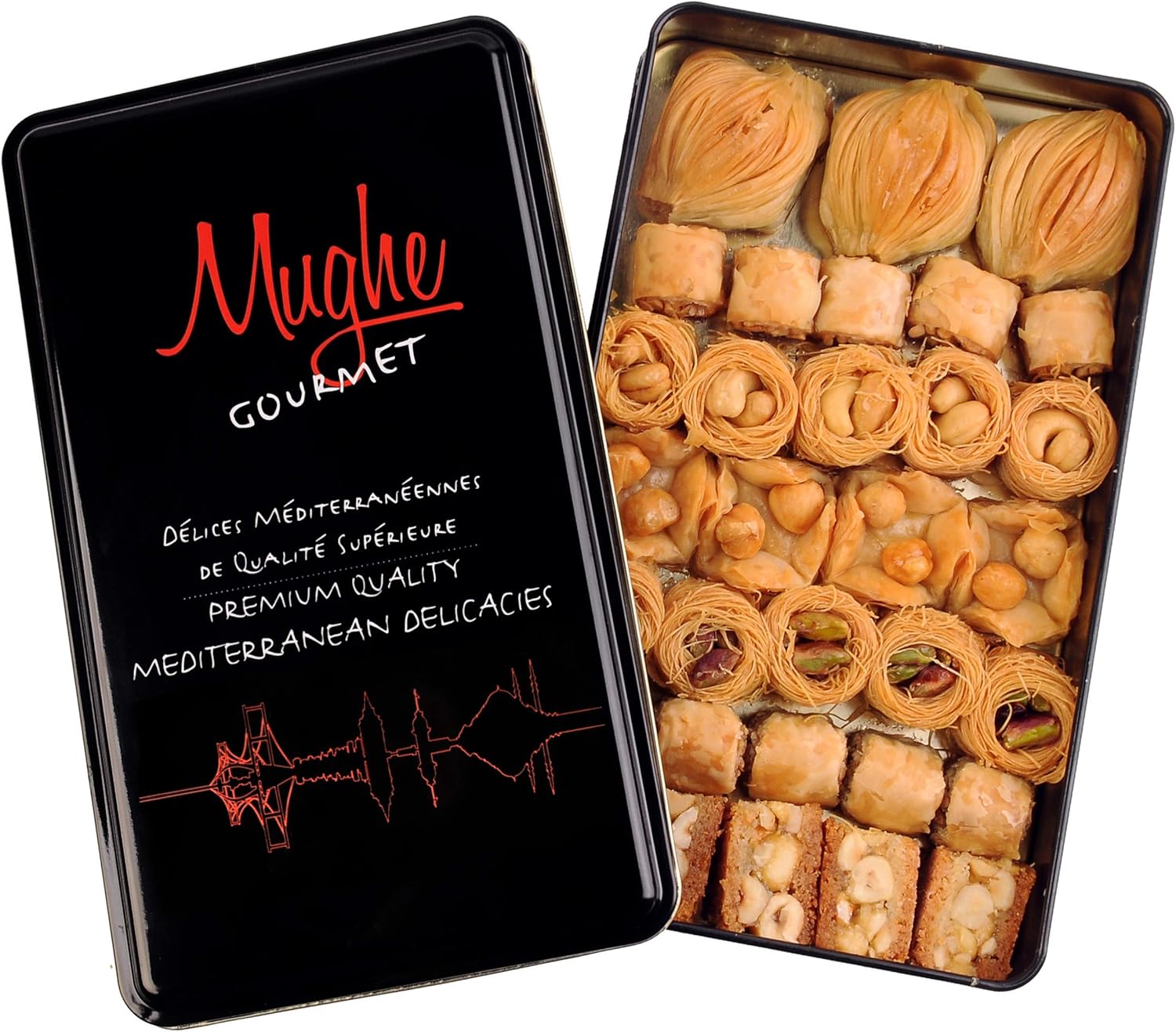 Mughe Gourmet Assorted Baklava Pastry Gift Elegant Tin Box - 500g/1.1lb - Turkish Pistachio, Almond, Walnut, Cashew, Hazelnut Bite Size Gifts Baklawa Sweet - Perfect for Birthday, Fathers Day-0