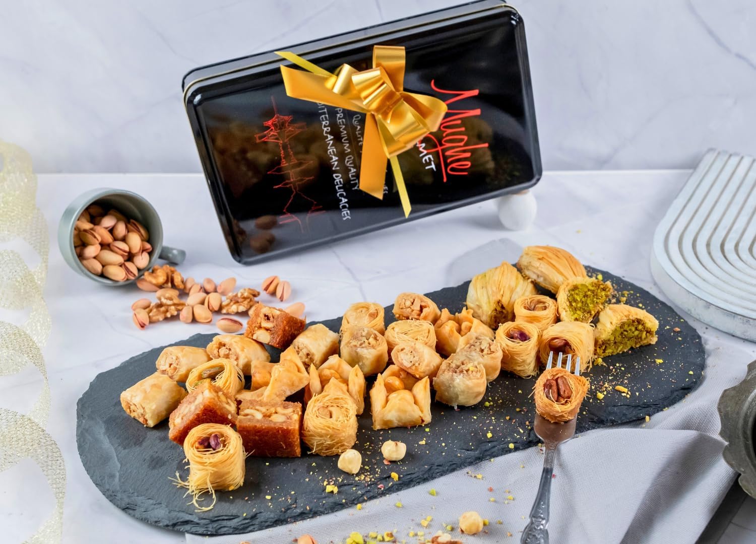 Mughe Gourmet Assorted Baklava Pastry Gift Elegant Tin Box - 500g/1.1lb - Turkish Pistachio, Almond, Walnut, Cashew, Hazelnut Bite Size Gifts Baklawa Sweet - Perfect for Birthday, Fathers Day-1