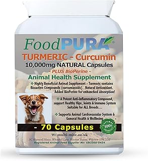 FoodPURA 70 Capsules - Turmeric for Dogs and Cats 10,000 mg for Joints, Digestive Health - High Absorbtion Health Supplement with Piperine Anti Inflammatory for Hips and Joints