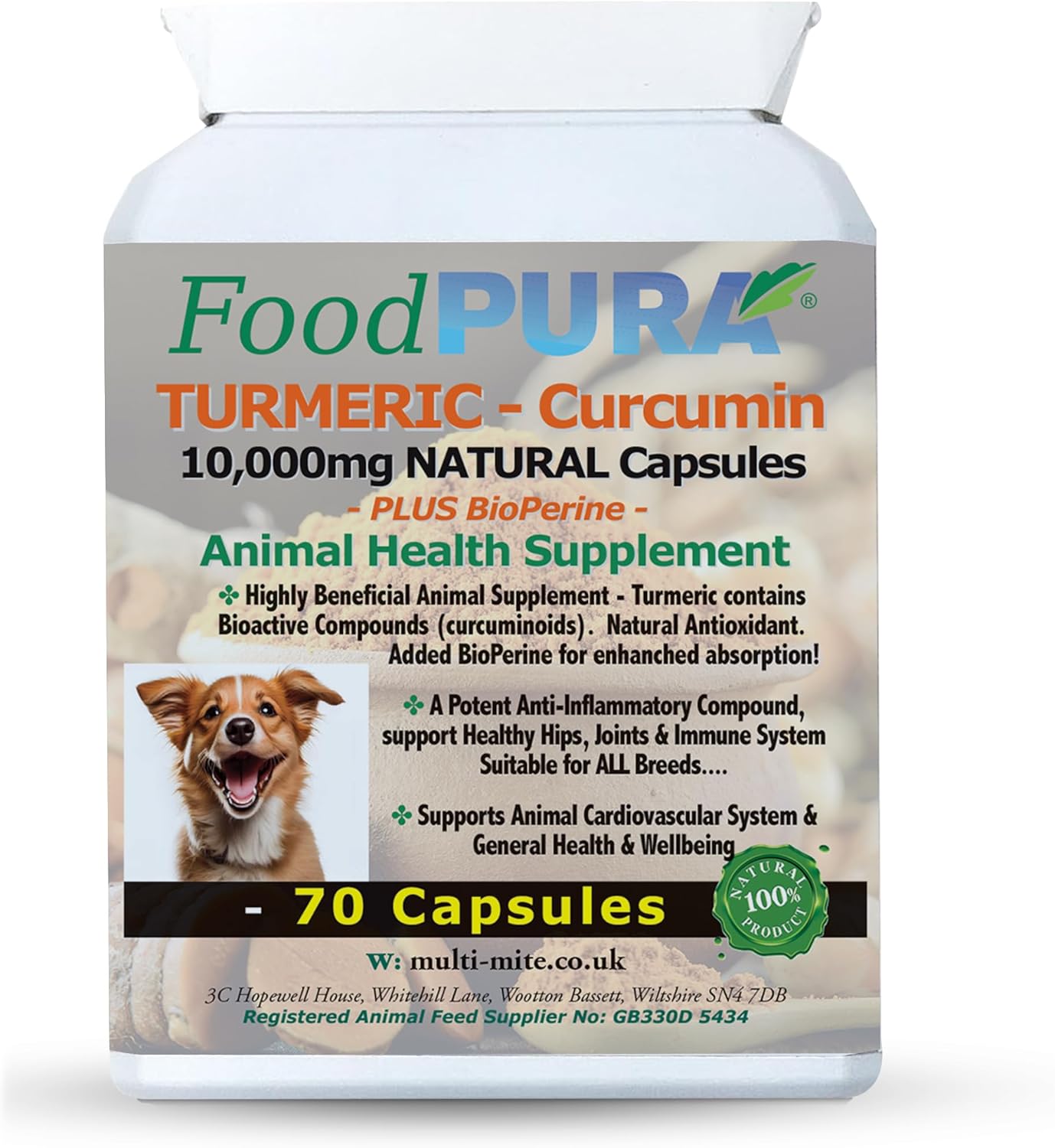 FoodPURA 70 Capsules - Turmeric for Dogs and Cats 10,000 mg for Joints, Digestive Health - High Absorbtion Health Supplement with Piperine Anti Inflammatory for Hips and Joints-0