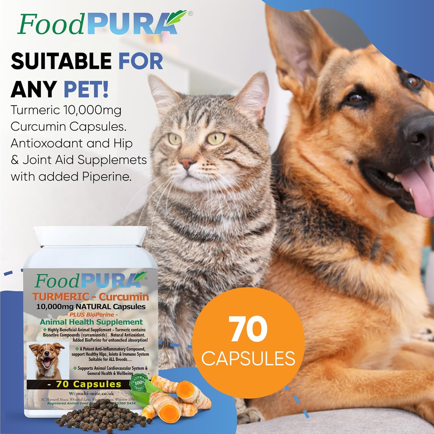 FoodPURA 70 Capsules - Turmeric for Dogs and Cats 10,000 mg for Joints, Digestive Health - High Absorbtion Health Supplement with Piperine Anti Inflammatory for Hips and Joints-1