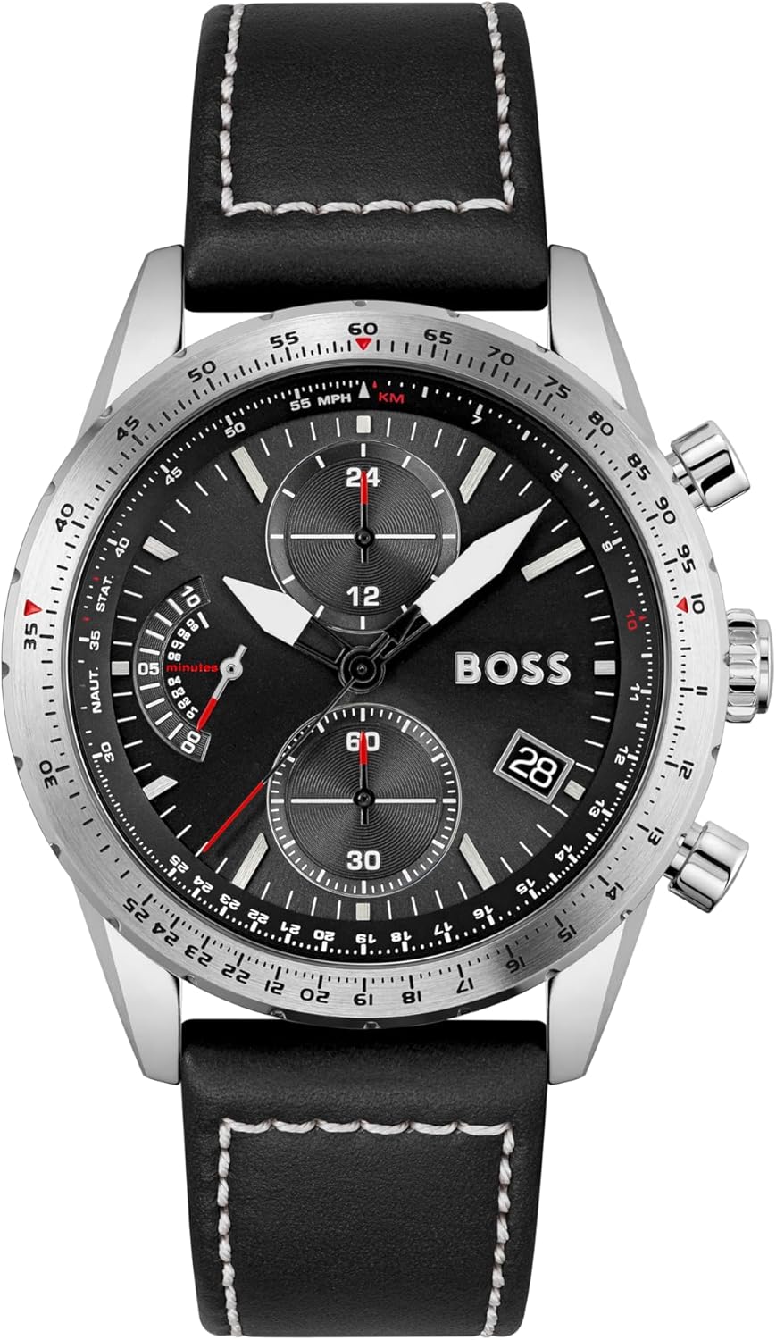 BOSS Men's 44mm Chronograph Quartz Watch Pilot Edition Chrono with Black Dial, Black Leather Strap, Date Fuction, 3 Sub-Dials, 5ATM Water Resistance - 1513853-0