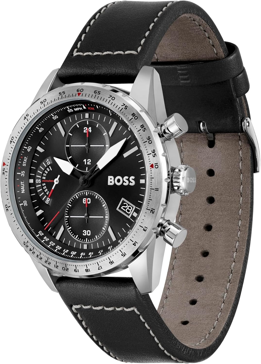 BOSS Men's 44mm Chronograph Quartz Watch Pilot Edition Chrono with Black Dial, Black Leather Strap, Date Fuction, 3 Sub-Dials, 5ATM Water Resistance - 1513853-1