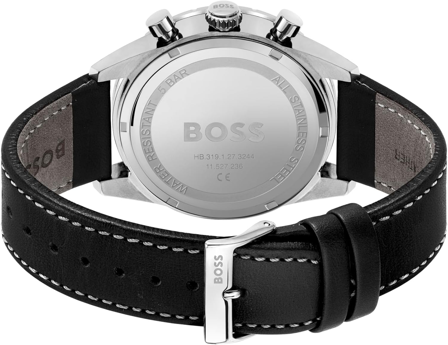 BOSS Men's 44mm Chronograph Quartz Watch Pilot Edition Chrono with Black Dial, Black Leather Strap, Date Fuction, 3 Sub-Dials, 5ATM Water Resistance - 1513853-2