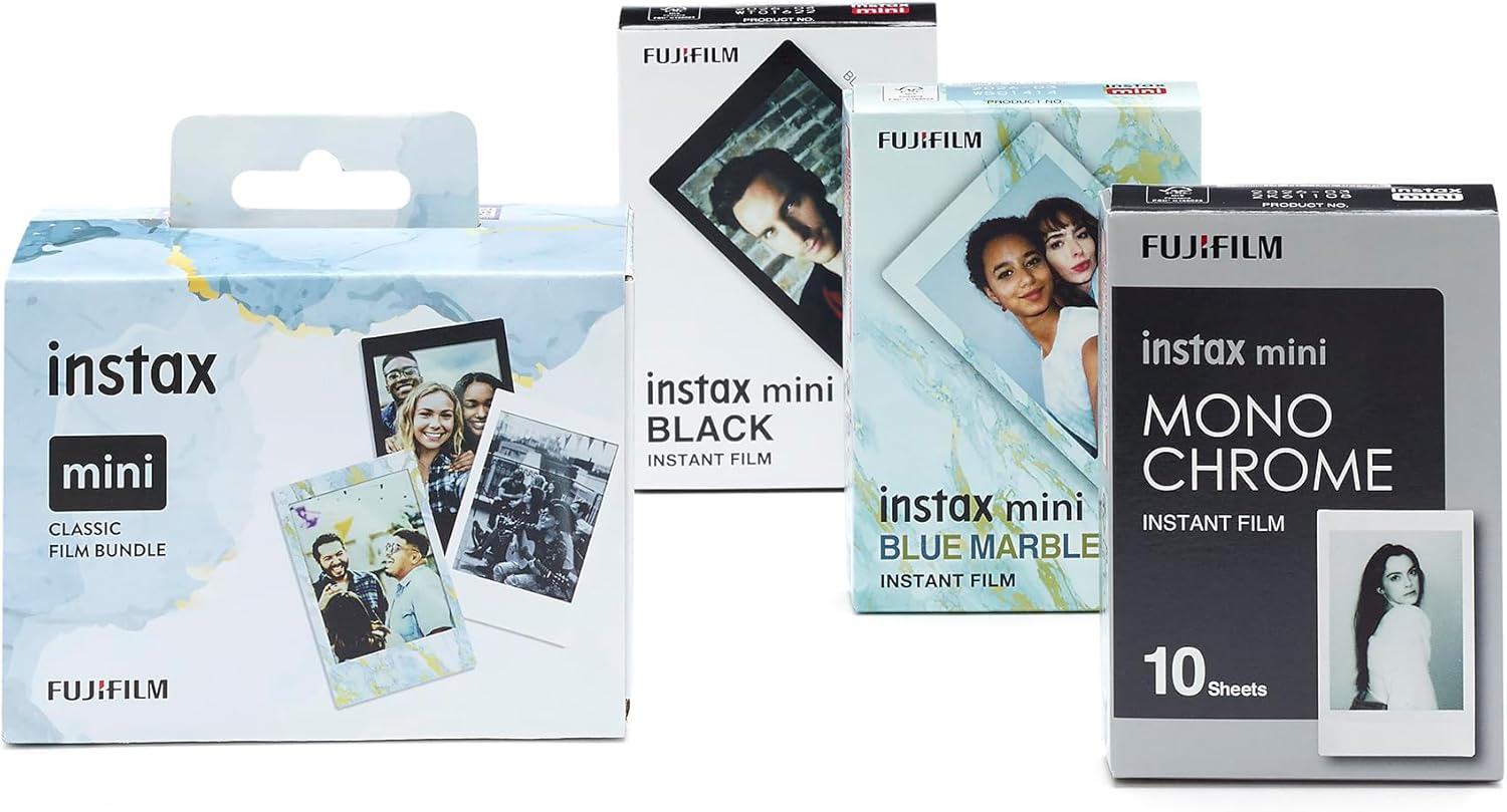 instax Limited edition 3 pack Classic mini film bundle, Black & Blue Marble frames, plus Monochrome film, pack contains 3 x 10 shot film cartridges-1