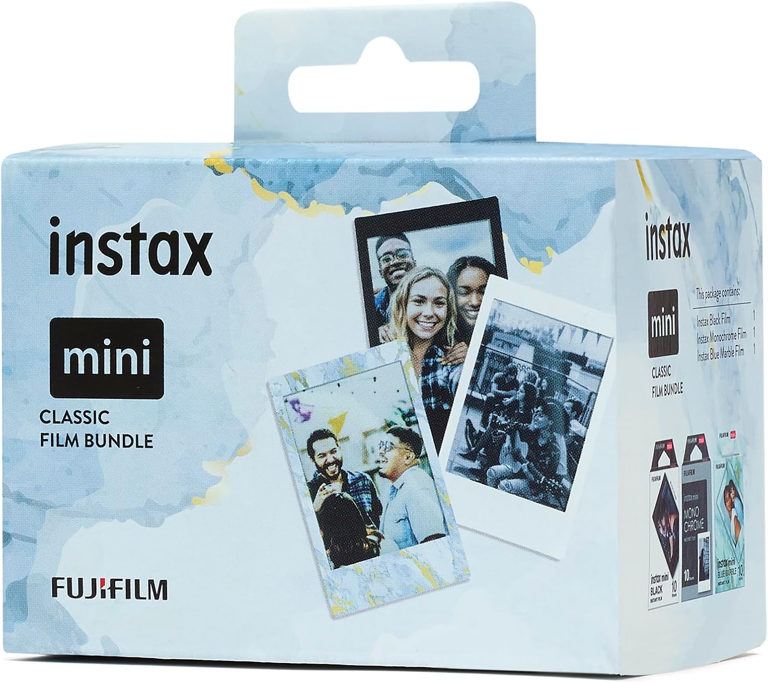 instax Limited edition 3 pack Classic mini film bundle, Black & Blue Marble frames, plus Monochrome film, pack contains 3 x 10 shot film cartridges-2