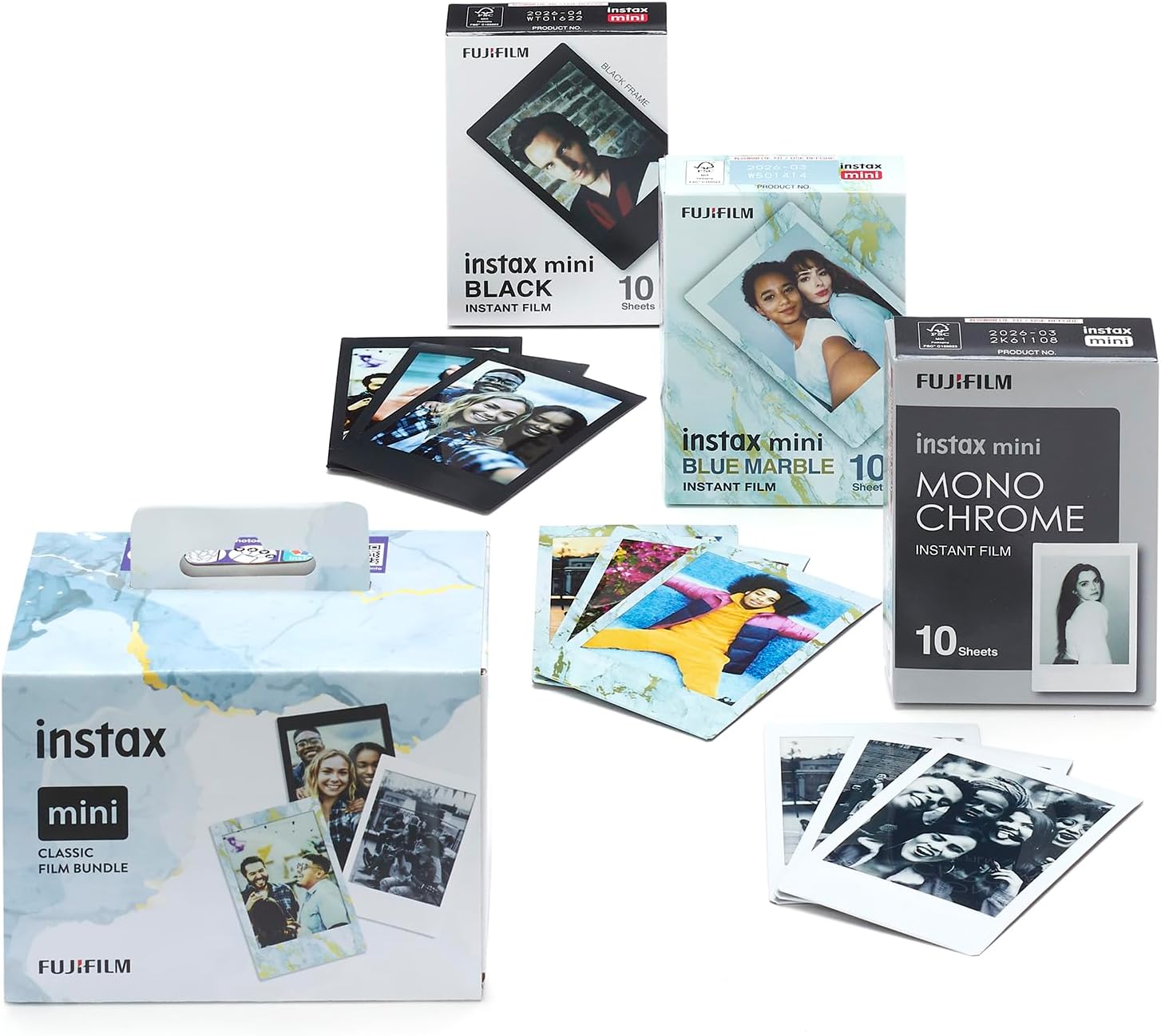 instax Limited edition 3 pack Classic mini film bundle, Black & Blue Marble frames, plus Monochrome film, pack contains 3 x 10 shot film cartridges-3