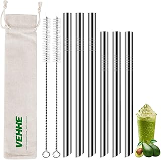 VEHHE Reusable Boba Straws 0.5" Wide Smoothie Straws Metal Straws with Case, 6pcs Stainless Steel Straws(9.5inches, 8.5inches) with 2 Brushes, Great for Bubble Tea, Milkshakes and Boba Pearls