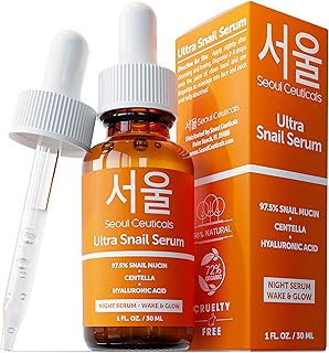 SeoulCeuticals Korean Skincare Snail Serum - 97.5% Snail Mucin Night Serum - Anti-Aging, Anti Wrinkle Hyaluronic Acid Face Brightening Serum - K Beauty Skincare Centella Wake & Glow Serum - 30ml