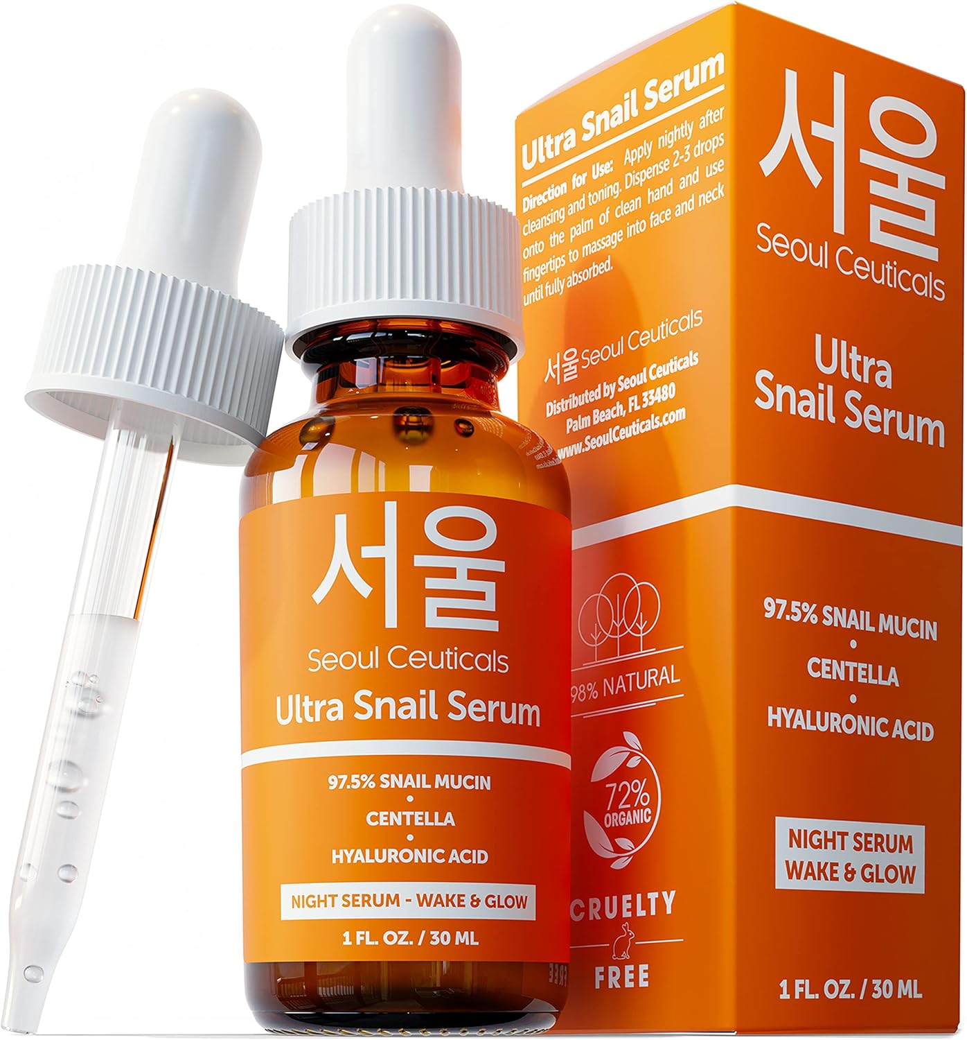 SeoulCeuticals Korean Skincare Snail Serum - 97.5% Snail Mucin Night Serum - Anti-Aging, Anti Wrinkle Hyaluronic Acid Face Brightening Serum - K Beauty Skincare Centella Wake & Glow Serum - 30ml-0