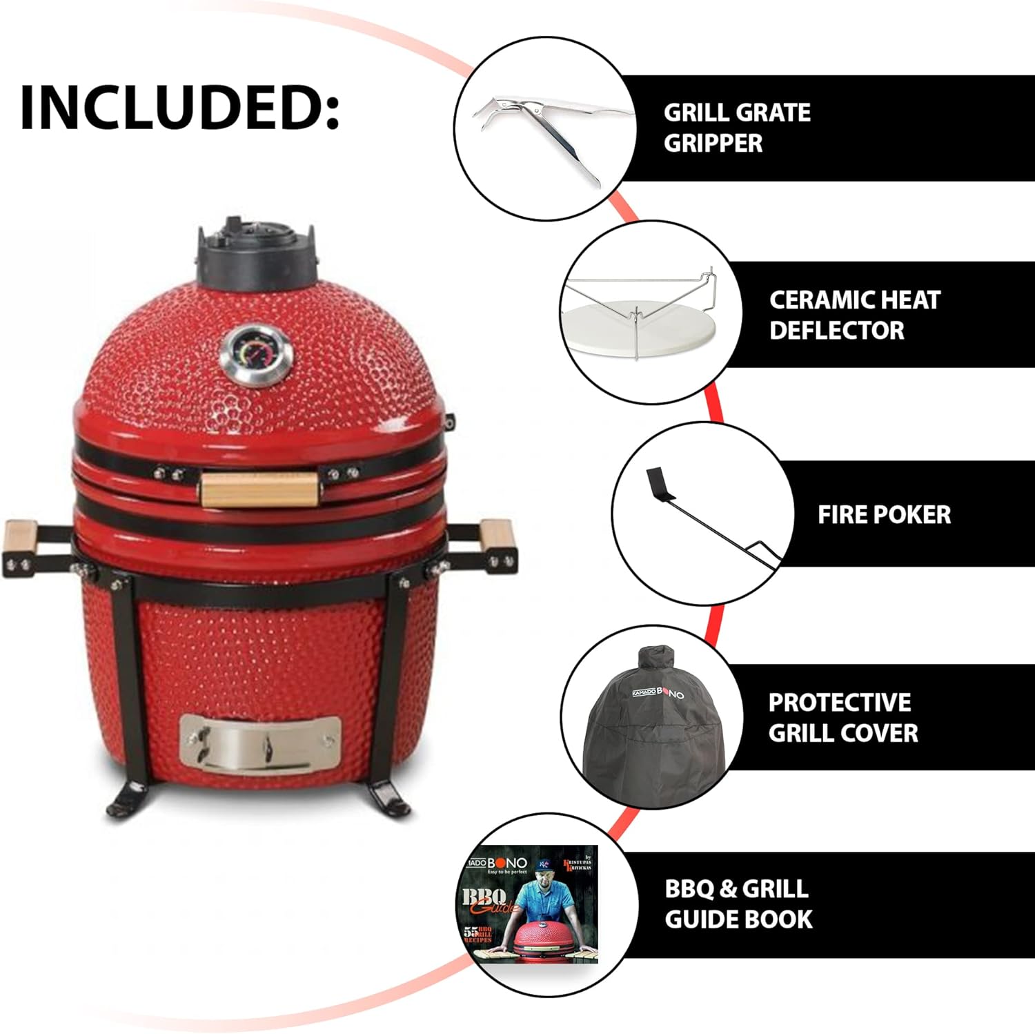 KAMADO BONO Ceramic BBQ Grill, 15" Minimo, Red I Kamado BBQ Charcoal Grill I Egg BBQ for Cooking, Smoking & Baking I Kamado Barbecue Portable Oven and Smoker with Stand-2