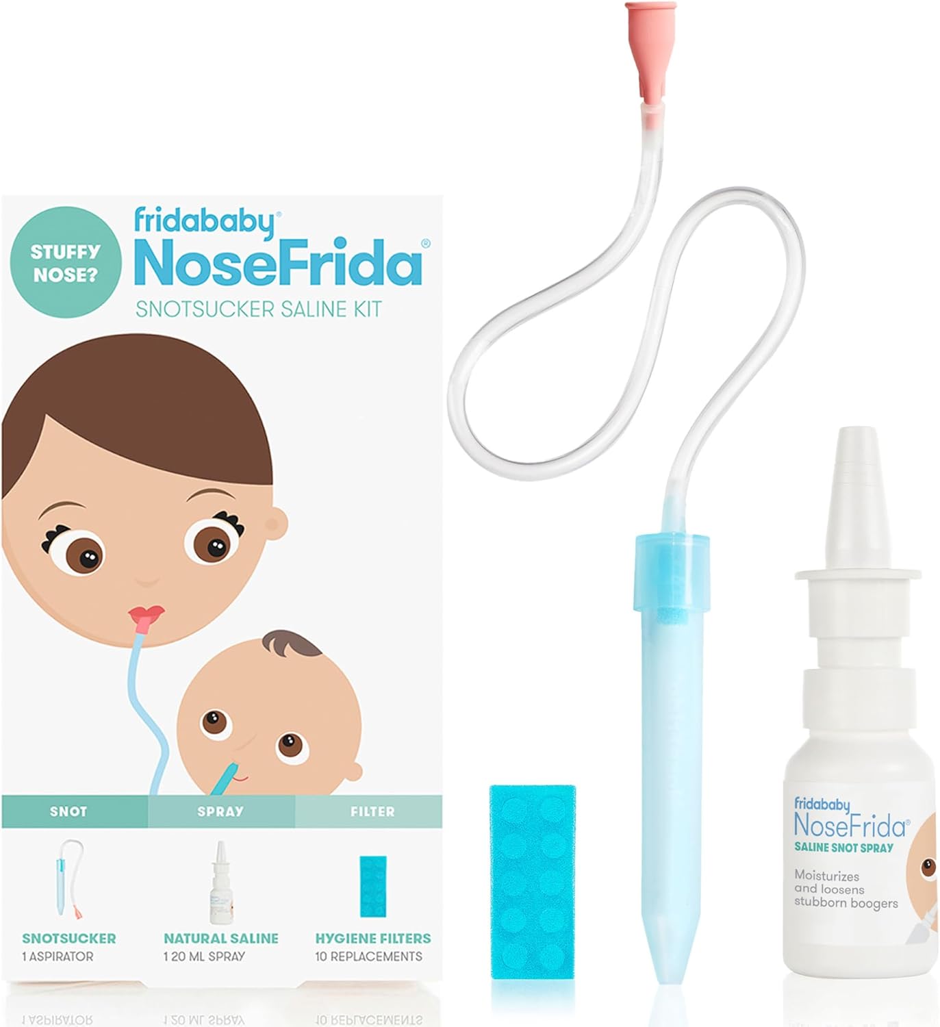 Frida Baby NoseFrida the SnotSucker Saline Bundle: Nasal Aspirator for Baby, Baby Nose Sucker, NoseFrida + 10 Hygiene Filters + 20ml All-Natural Saline Spray-0