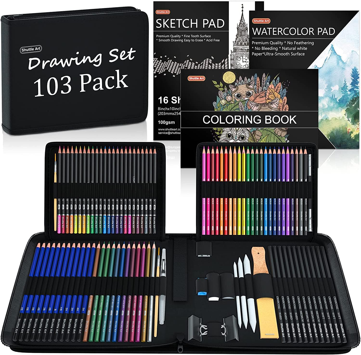 Shuttle Art 103 Pack Sketching and Drawing Pencils Set, Sketch Pencil Set with Colouring Pencils, Sketch Books, Graphite Pencils in Sturdy Zipper Case, Art Supplies for Artists, Beginners, Adults-0