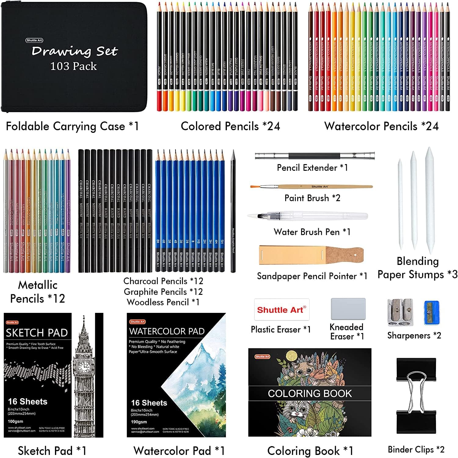 Shuttle Art 103 Pack Sketching and Drawing Pencils Set, Sketch Pencil Set with Colouring Pencils, Sketch Books, Graphite Pencils in Sturdy Zipper Case, Art Supplies for Artists, Beginners, Adults-1